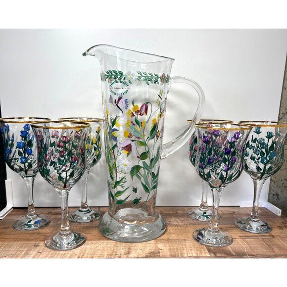 I Godinger & Co. Glass Pitcher & Goblet Set Gold Rims Hand-Painted - Picture 1 of 13